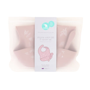 Silicone Bib & Spoon with reusable pouch - Dusty Pink