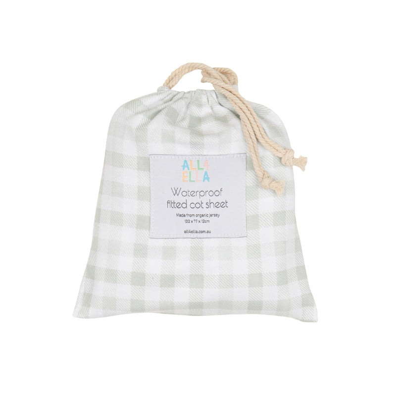 Waterproof fitted cot sheet - Gingham Sage