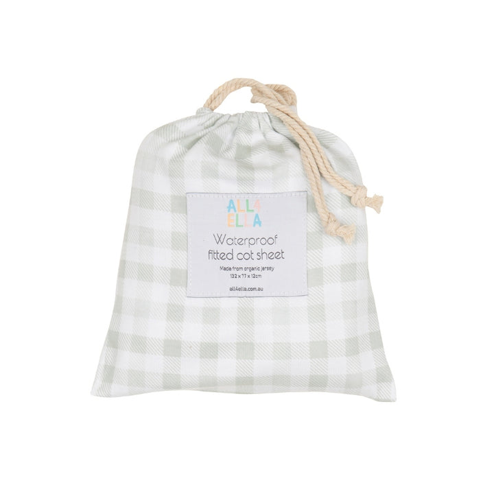 Waterproof fitted cot sheet - Gingham Sage