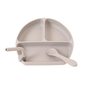 Silicone suction plate with straw & spoon - Stone