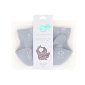 Silicone Bib & Spoon with reusable pouch - Grey