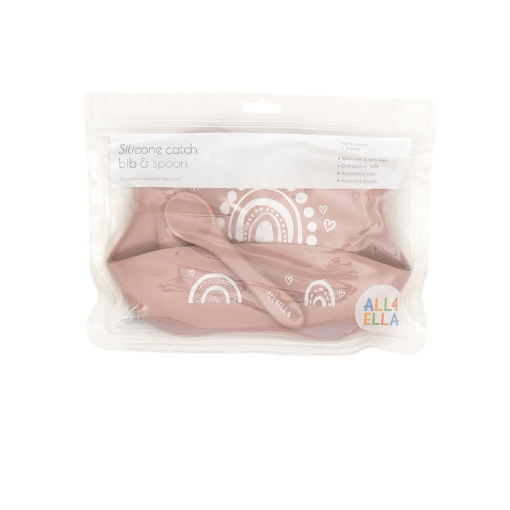 Silicone catch bib & spoon - Rainbow Dusty Pink