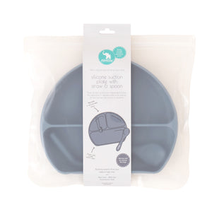 Silicone suction plate with straw & spoon - Slate Blue