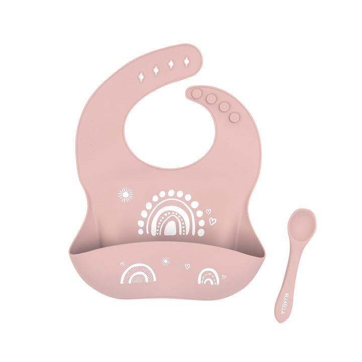 Silicone catch bib & spoon - Rainbow Dusty Pink