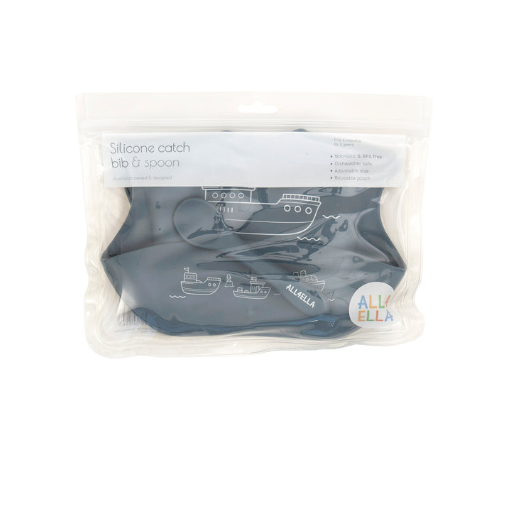 Silicone catch bib & spoon - Boats Slate Blue