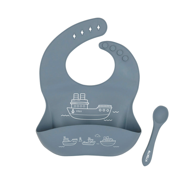 Silicone catch bib & spoon - Boats Slate Blue