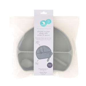 Silicone suction plate with straw & spoon - Olive