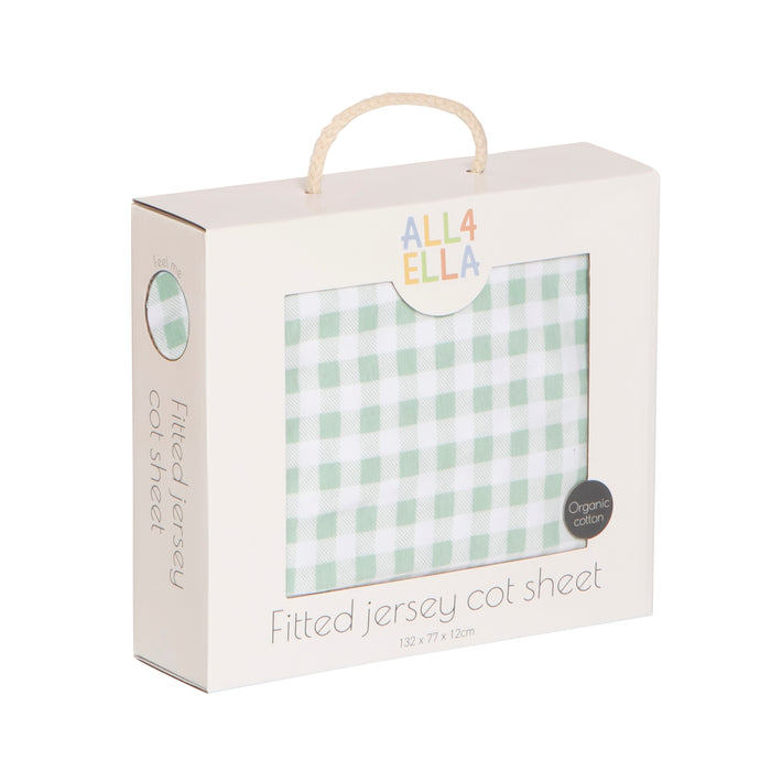 Jersey Cot Sheets - Gingham Sage