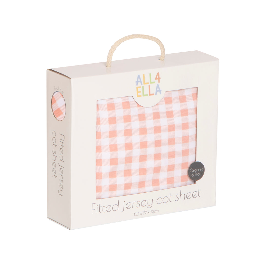 Organic jersey fitted cot sheet - Gingham Strawberry