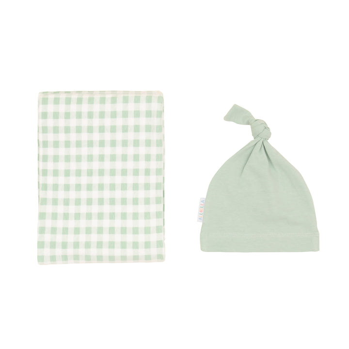 Organic jersey swaddle & beanie set - Gingham Sage