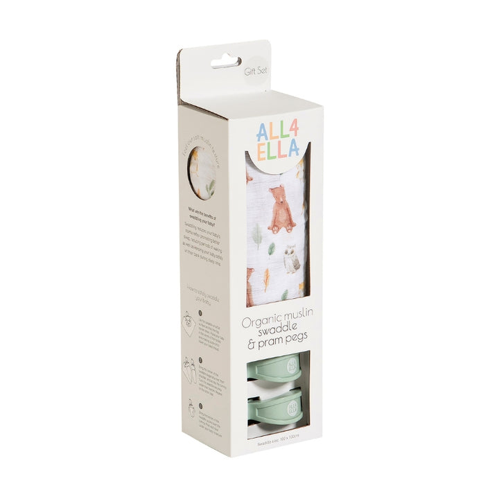 Organic muslin swaddle & 2 pram peg gift set - Forest Friends