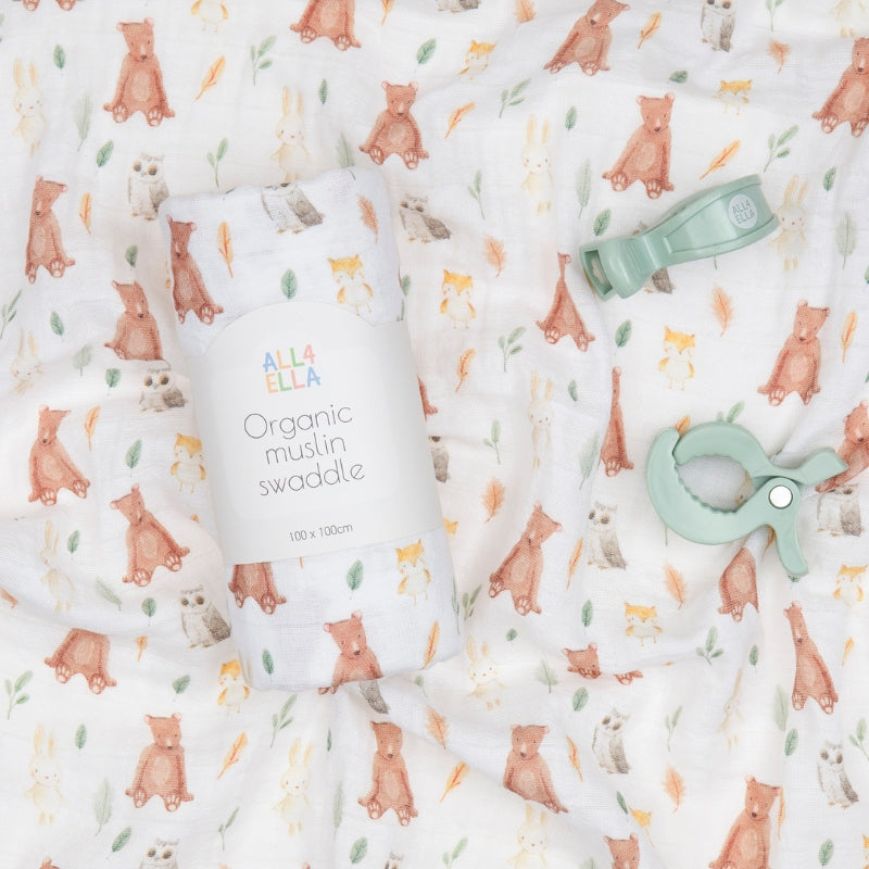 Organic muslin swaddle & 2 pram peg gift set - Forest Friends