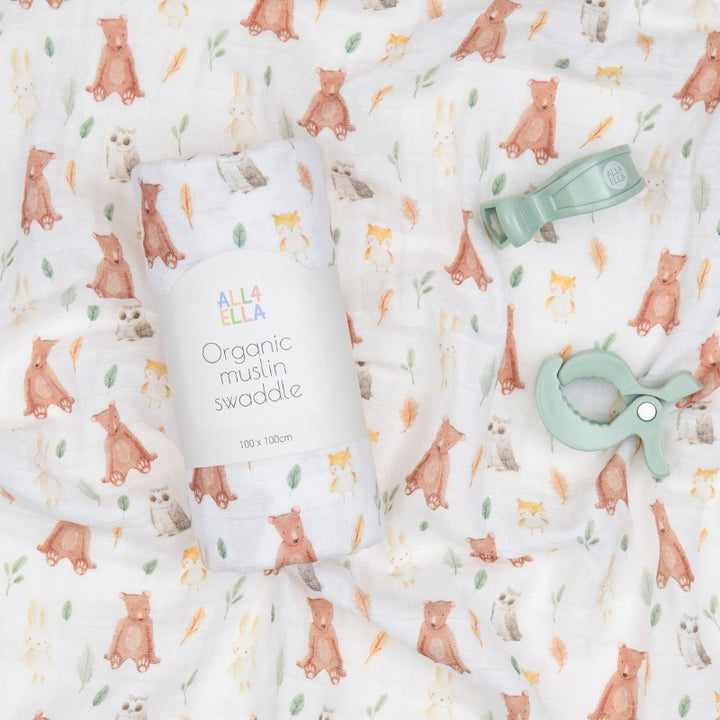 Organic muslin swaddle & 2 pram peg gift set - Forest Friends