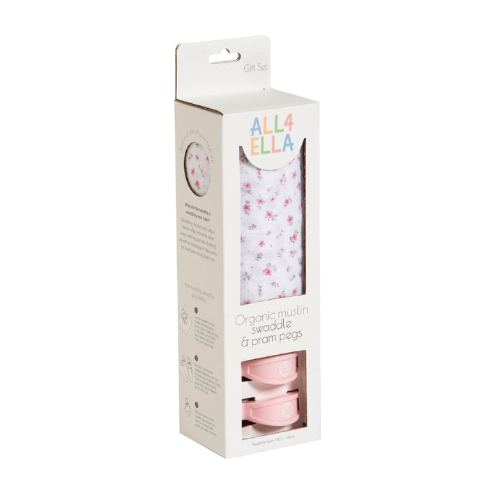 Organic muslin swaddle & 2 pram peg gift set - Pink Petals