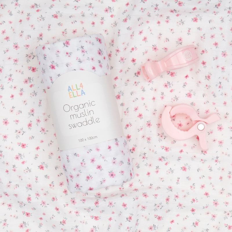 Organic muslin swaddle & 2 pram peg gift set - Pink Petals