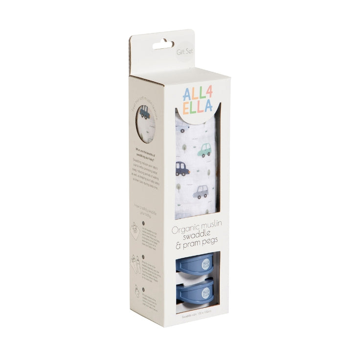 Organic muslin swaddle & 2 pram peg gift set - Beep Beep