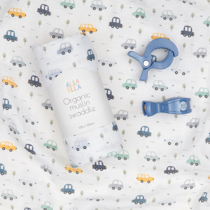 Organic muslin swaddle & 2 pram peg gift set - Beep Beep