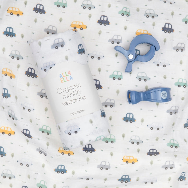 Organic muslin swaddle & 2 pram peg gift set - Beep Beep