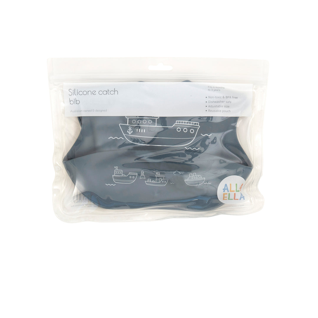 Silicone catch bib - Boats Slate Blue