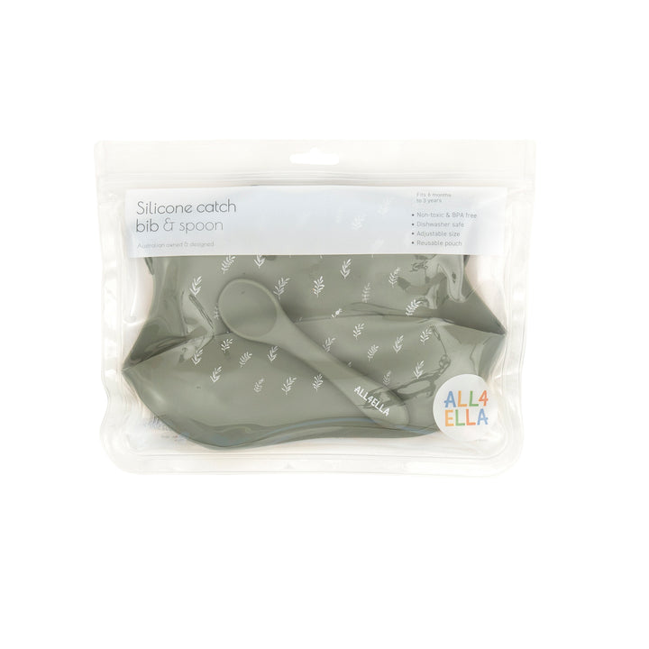 Silicone catch bib & spoon - Olive