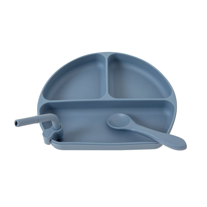 Silicone suction plate with straw & spoon - Slate Blue