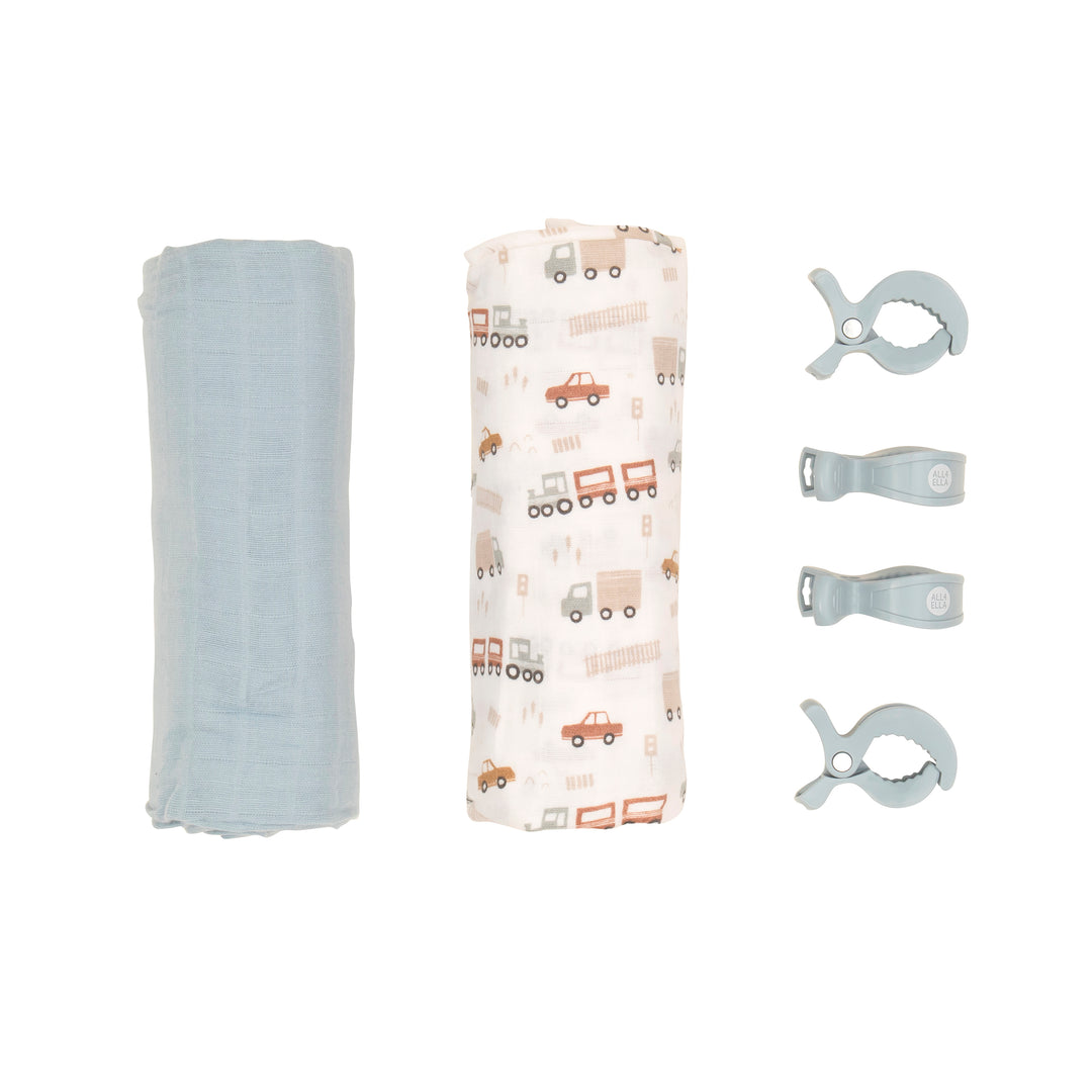 2 pack organic muslin swaddles & 4 peg gift set - Trucks