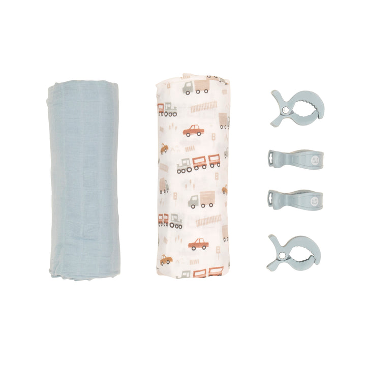 2 pack organic muslin swaddles & 4 peg gift set - Trucks