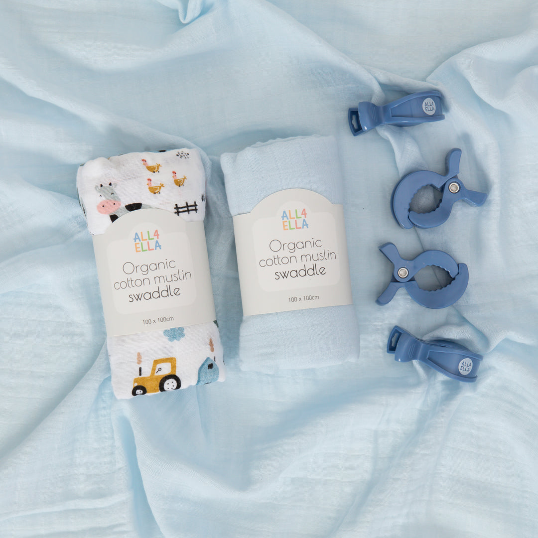 Organic swaddles & pegs gift set - Barnyard