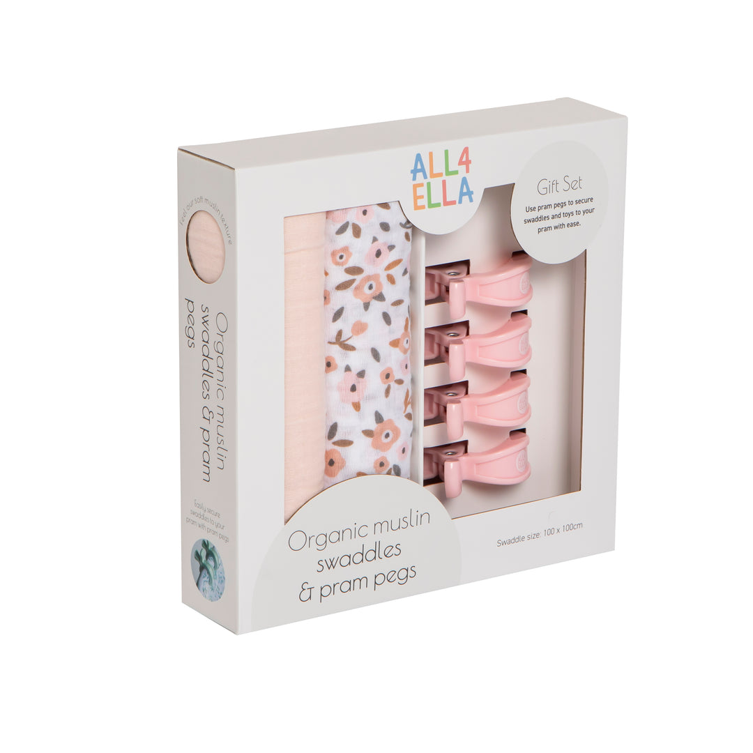 Muslin & 2 Pram Peg Box Set - Floral Bouquet Muslin & 2 Pram Peg Box Set - Floral Bouquet