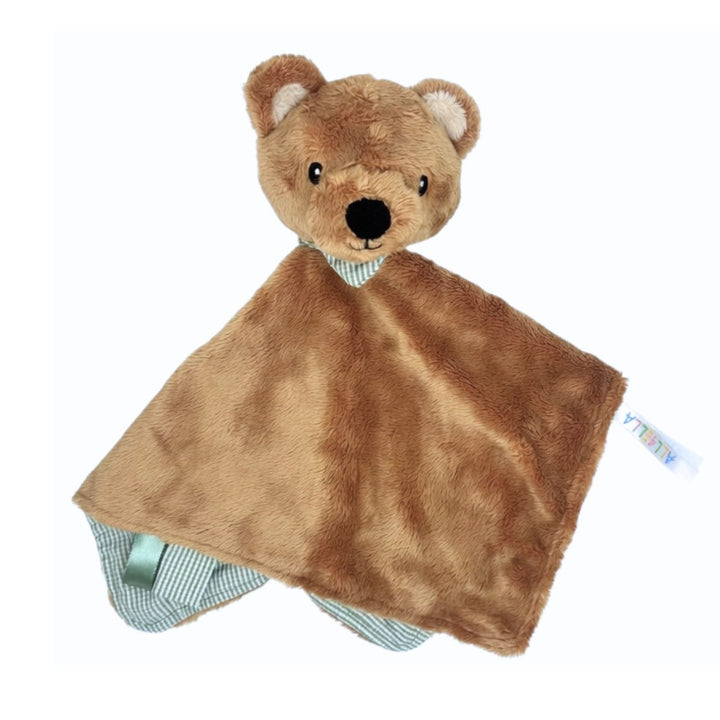 Brown teddy bear comforter toy on a white background