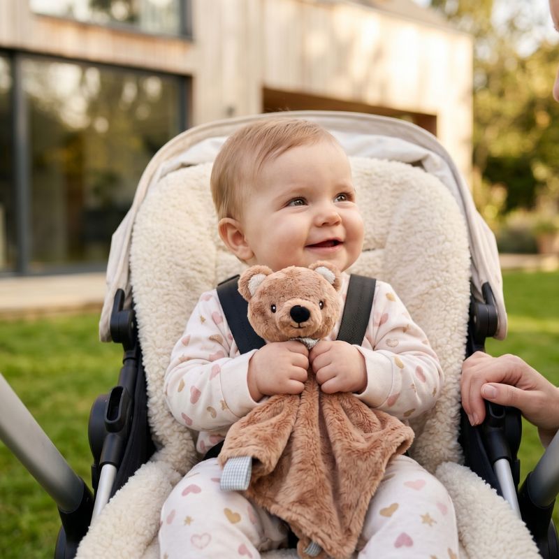 A baby sitting in a stroller outdoors, holding a brown plush teddy bear comforter. The baby is wearing a light pink long-sleeve top and matching pink pants with small heart prints.