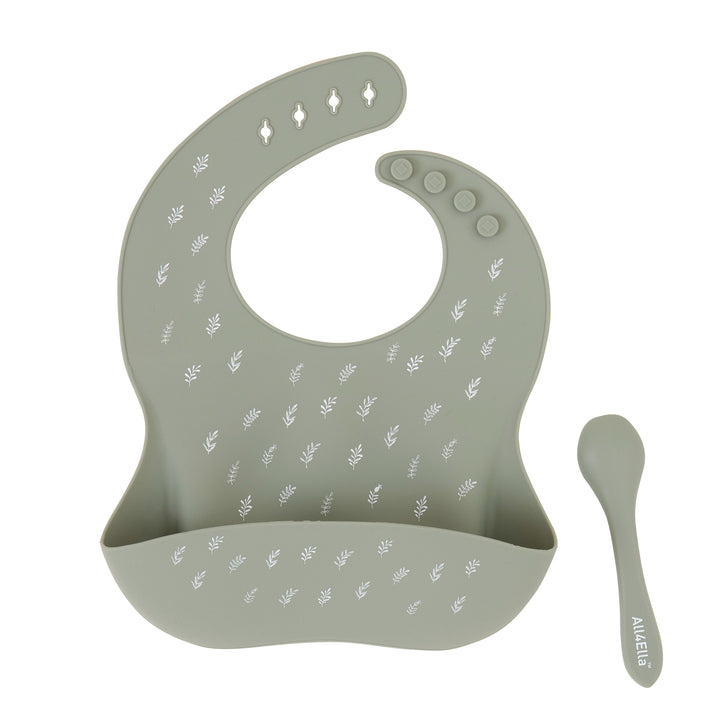 Silicone catch bib & spoon - Olive