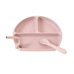 Silicone suction plate with straw & spoon - Dusty Pink