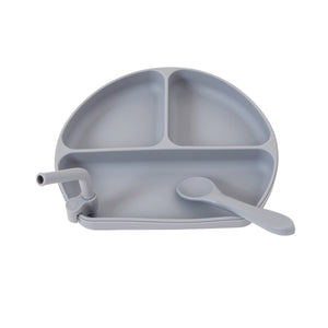 Silicone suction plate with straw & spoon - Grey