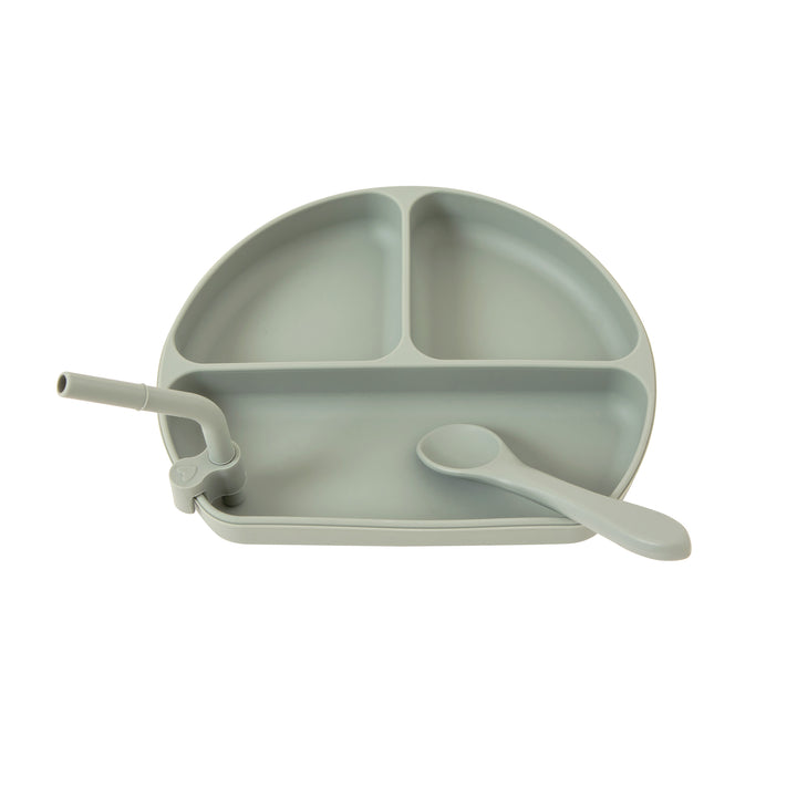 Silicone suction plate with straw & spoon - Olive